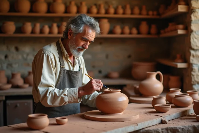 Artisan potier âgé peignant à la main un vase en céramique dans un atelier ancestral en pierre, évoquant la plus vieille marque du monde et ses traditions millénaires