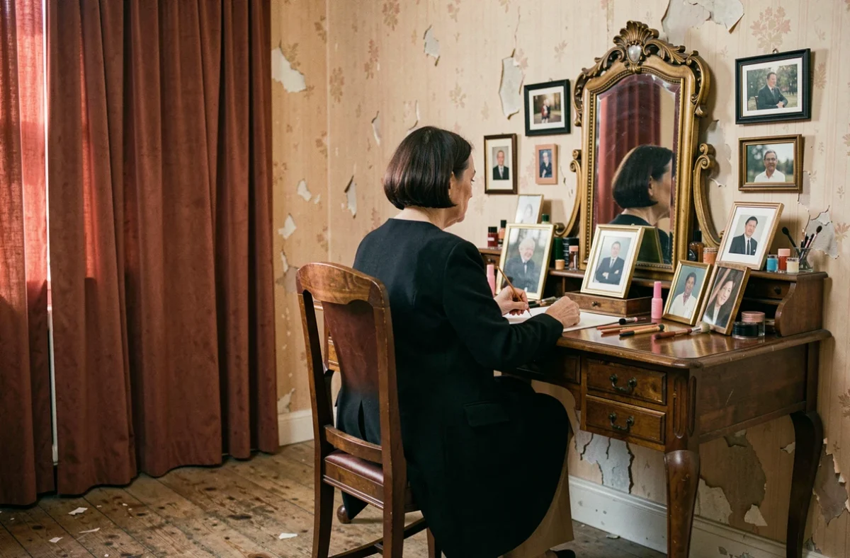 Femme âgée et élégante dans une loge de théâtre vintage reflétant une carrière artistique longue
