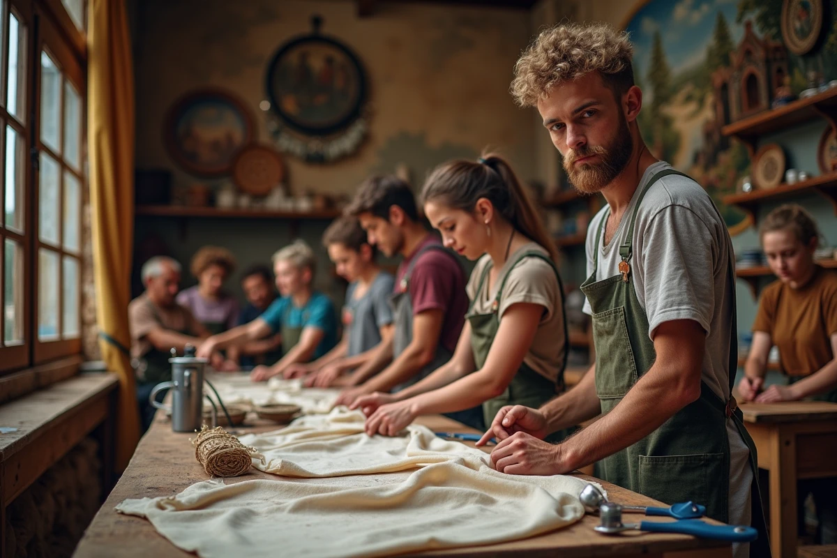 Groupe de bénévoles préparant costumes dans un atelier animé