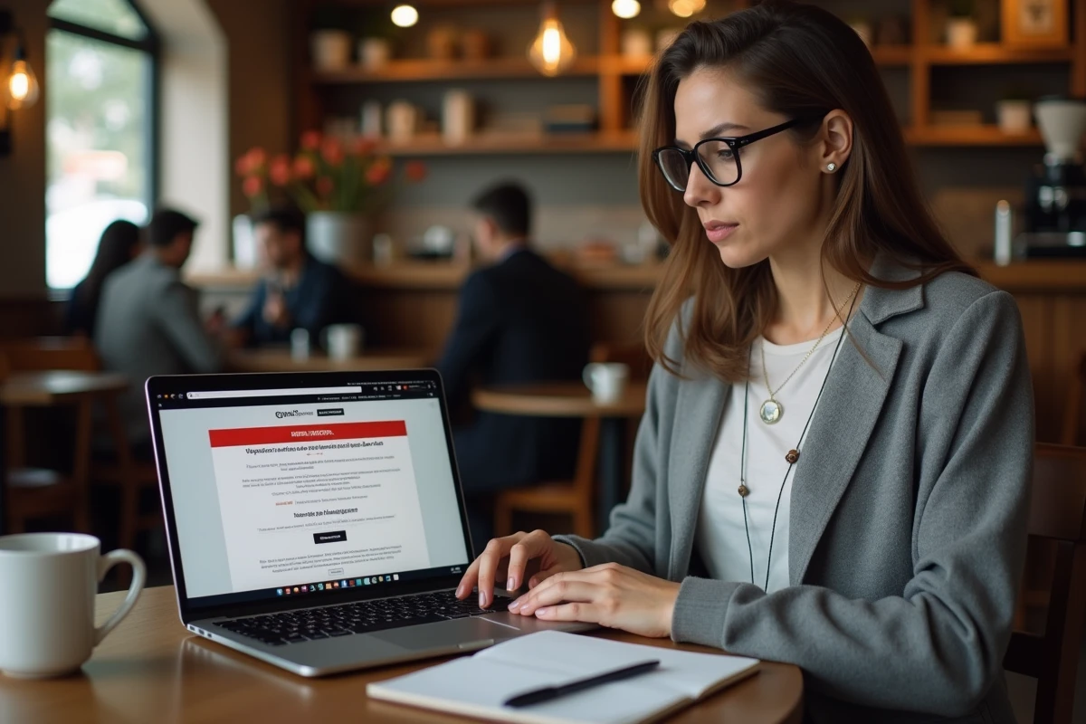 Femme lisant un avertissement de sécurité sur un site de téléchargement dans un café