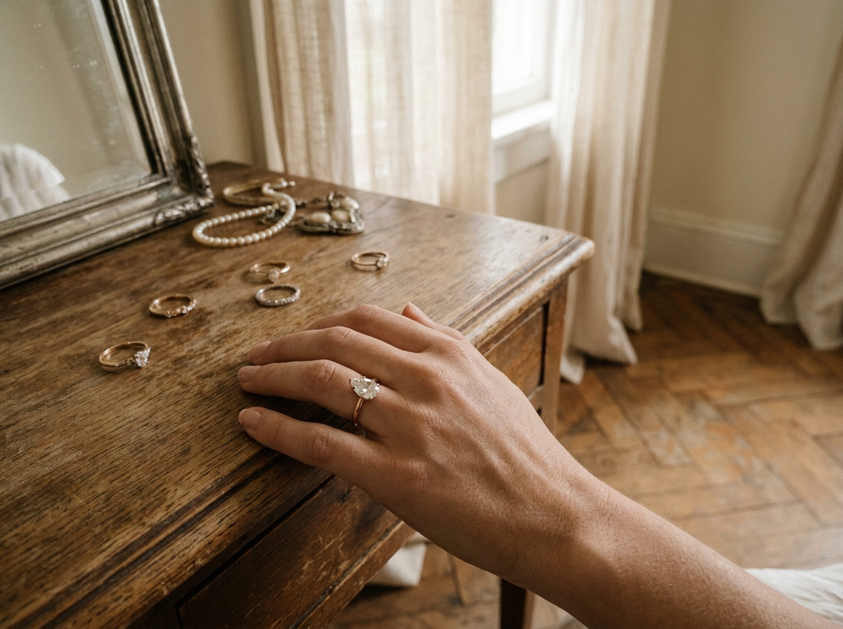 Main féminine portant une bague en or rose avec pierre précieuse en forme de poire sur une coiffeuse vintage parisienne