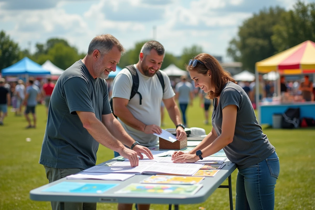Bénévoles d'un comité des fêtes tenant un stand d'information lors d'une fête locale en plein air