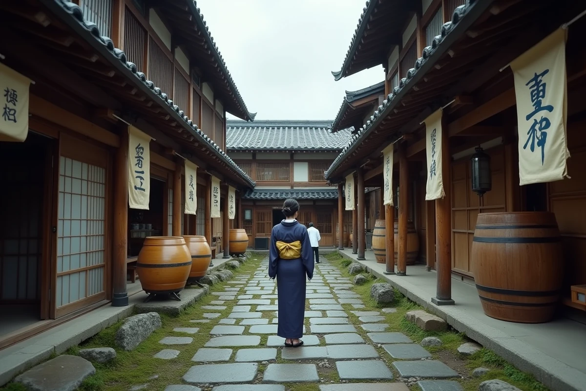 Femme en kimono devant une brasserie japonaise traditionnelle centenaire avec des bannières indigo et des tonneaux en cèdre, illustrant l'histoire de la plus vieille marque commerciale du monde