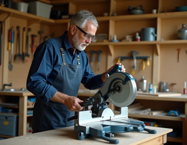 Un bricoleur expérimenté examine une scie radiale posée sur un établi en bois dans un atelier de bricolage organisé