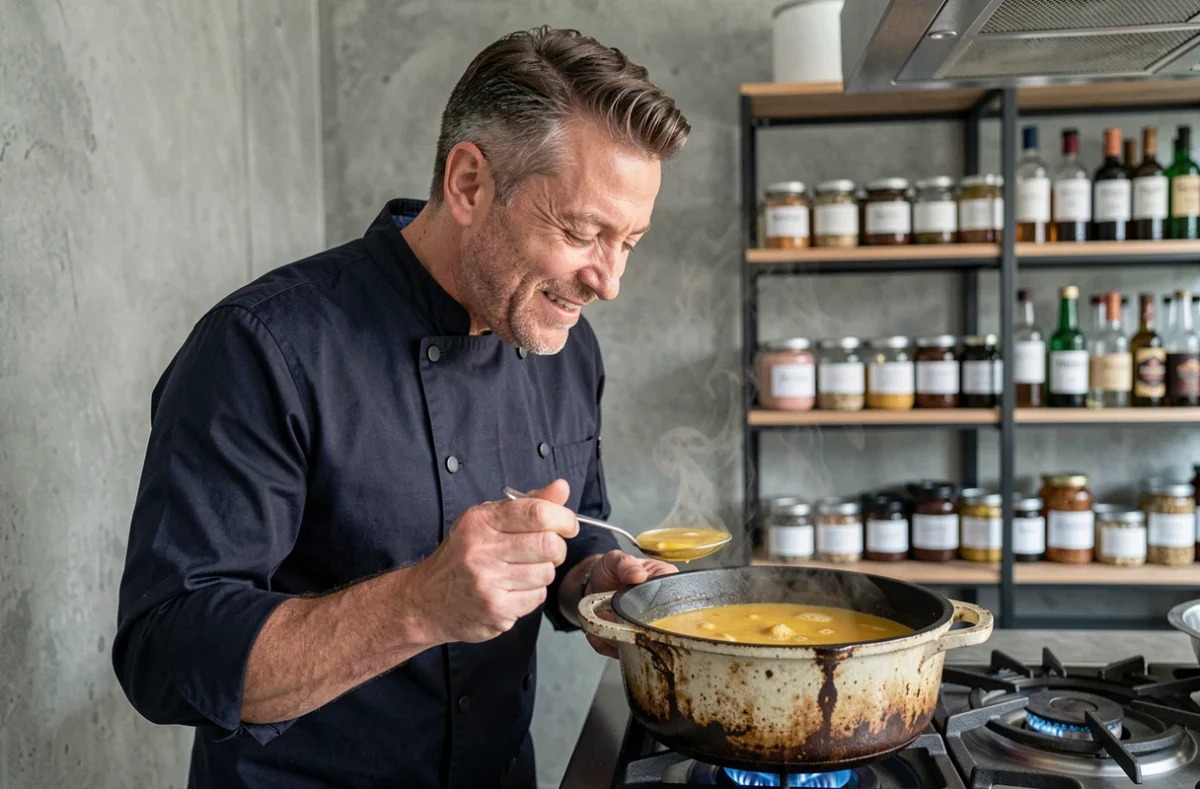 Homme d'âge moyen en chemise de cuisinier goûtant une soupe dorée à la cuillère depuis une cocotte en fonte sur une cuisinière à gaz dans une cuisine contemporaine