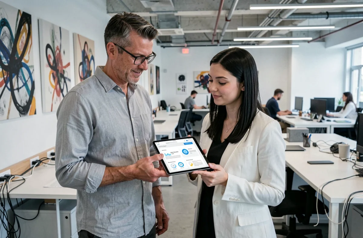 Deux collègues dans un espace de travail tech moderne consultant ensemble une interface web sur une tablette