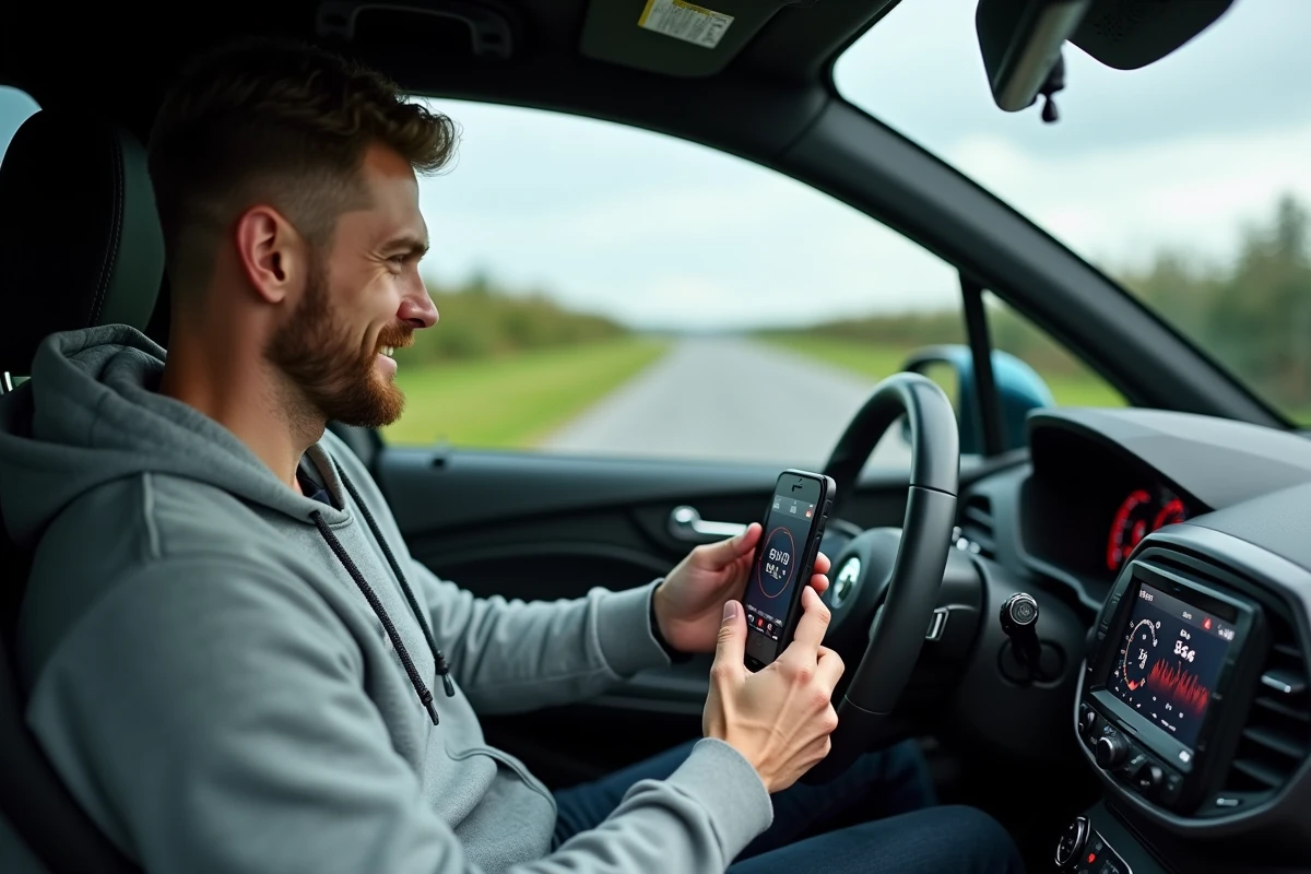 Conducteur consultant les données de performance sur smartphone après une reprogrammation stage 1, au volant d'une voiture sportive sur route de campagne