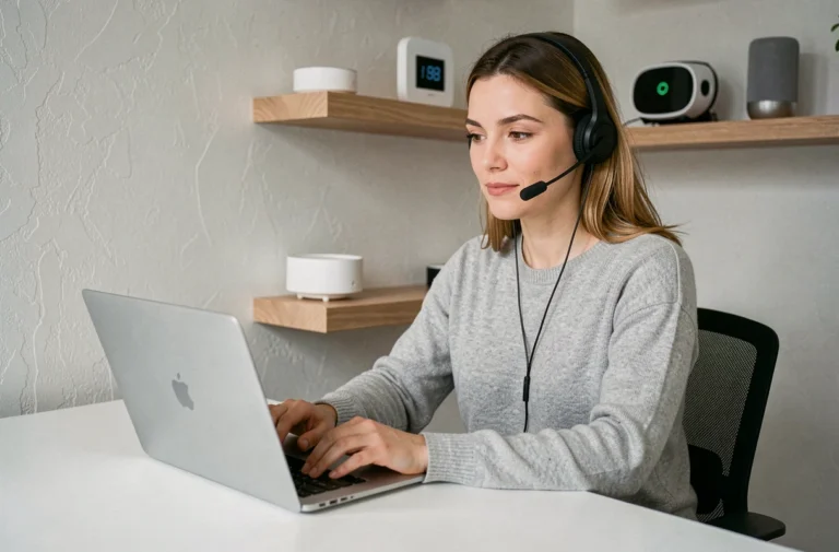 Femme contactant une équipe spécialisée en domotique en ligne depuis son bureau à domicile avec des objets connectés en arrière-plan
