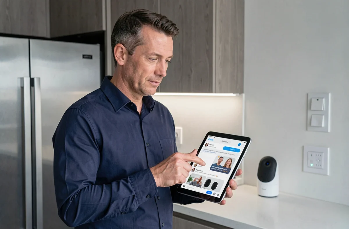 Homme utilisant une tablette pour contacter une équipe domotique en ligne dans une cuisine connectée moderne