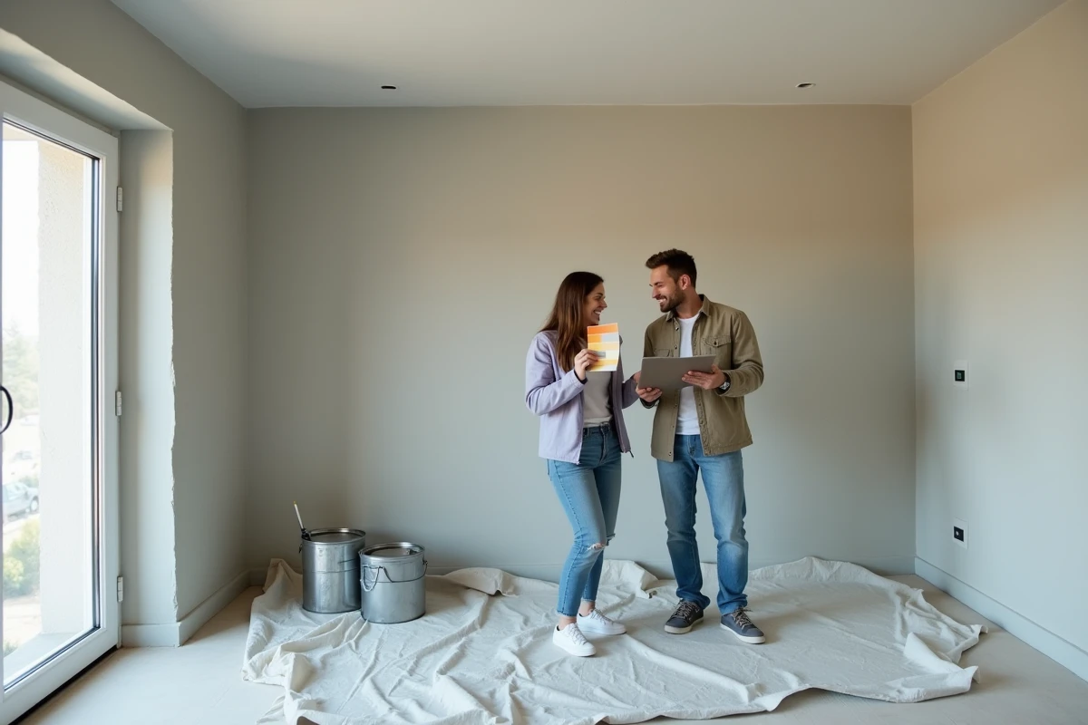 Couple choisissant des couleurs de peinture dans un salon vide en cours de rénovation avec matériaux de travaux