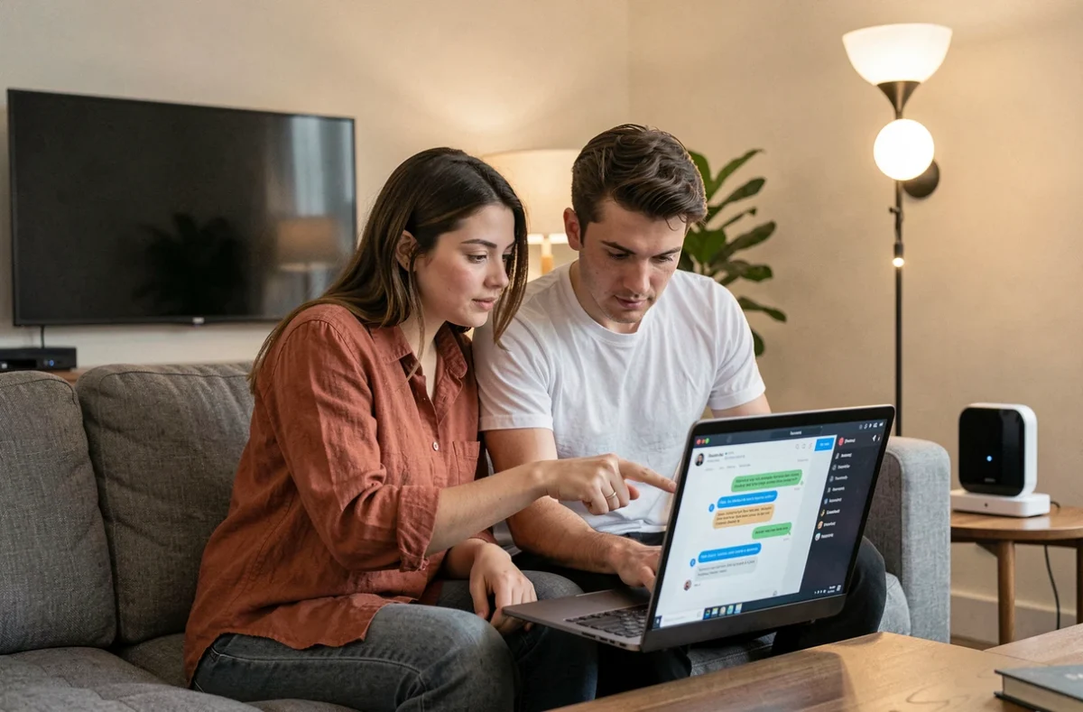 Couple cherchant à contacter une équipe spécialisée en objets domotiques via ordinateur portable dans un salon connecté