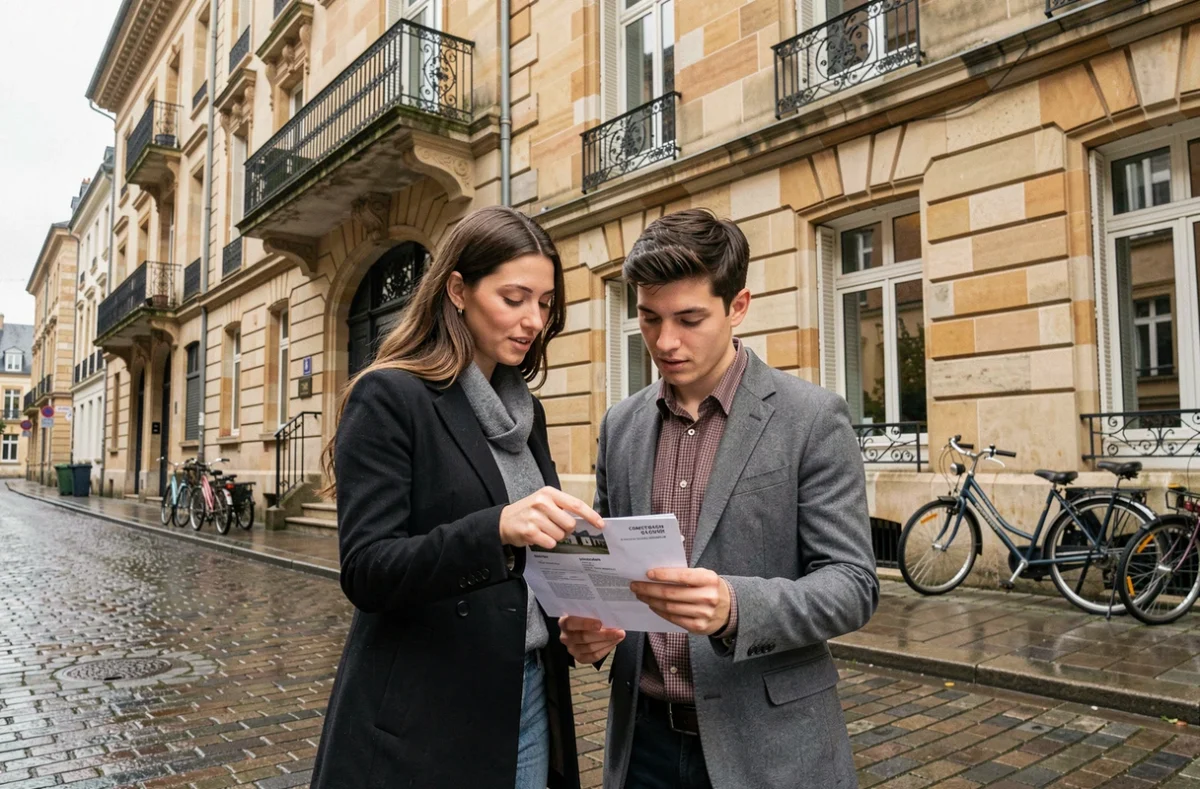 Couple examinant une estimation immobilière devant un immeuble typique du quartier Croix-Rousse à Lyon