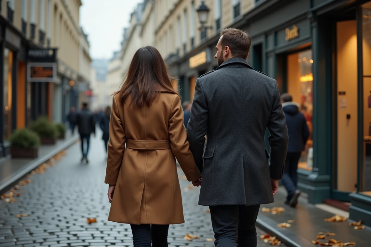 Couple walking in a cobblestone Parisian street in autumn in a journalistic atmosphere