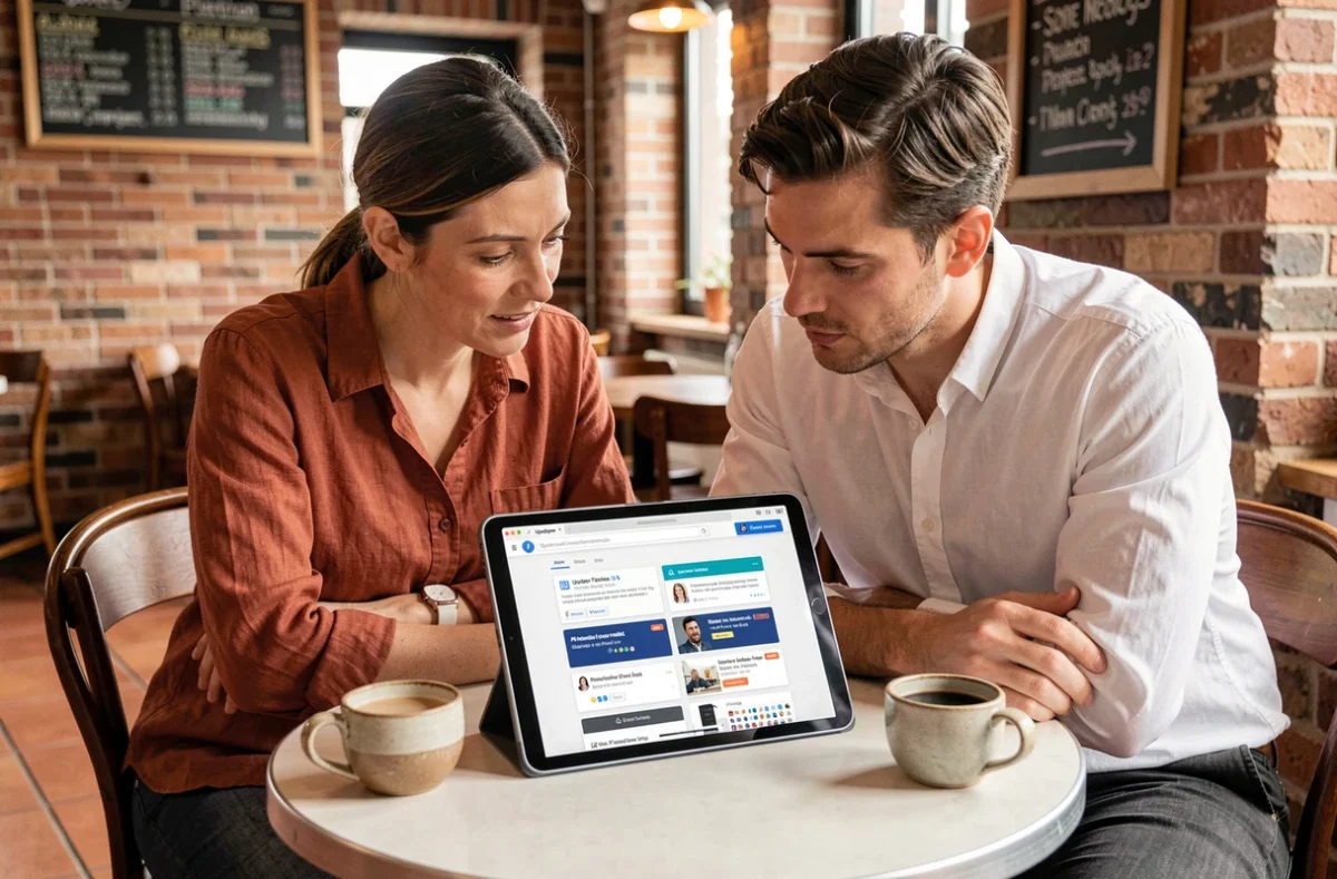 Deux collègues découvrant ensemble les nouvelles fonctionnalités d'un programme web sur une tablette dans un café