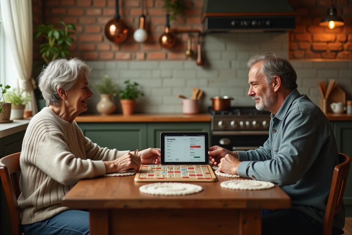 Deux joueurs adultes consultant Clicmouse sur une tablette pendant une partie de Scrabble dans une cuisine conviviale