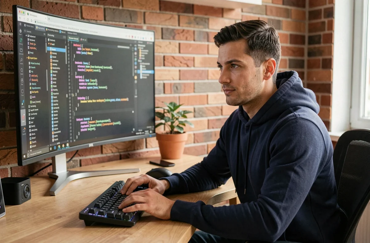 Développeur web concentré travaillant sur un écran ultrawide dans un bureau moderne avec mur en brique et plante verte