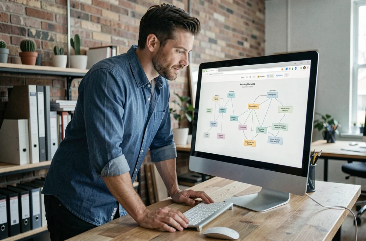 Développeur web masculin travaillant sur le sitemap d'un site spécialisé dans l'organisation de mariages