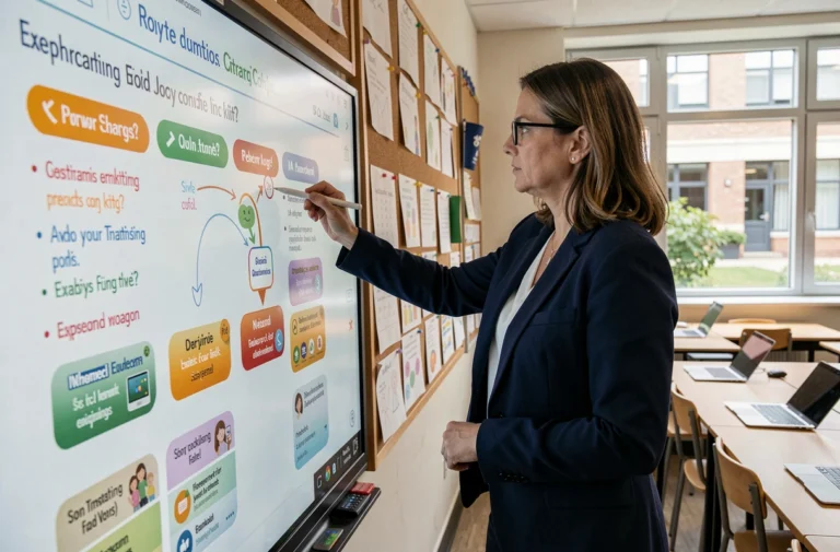 Enseignante pointant un tableau numérique interactif affichant des actualités éducatives en temps réel dans une salle de classe moderne
