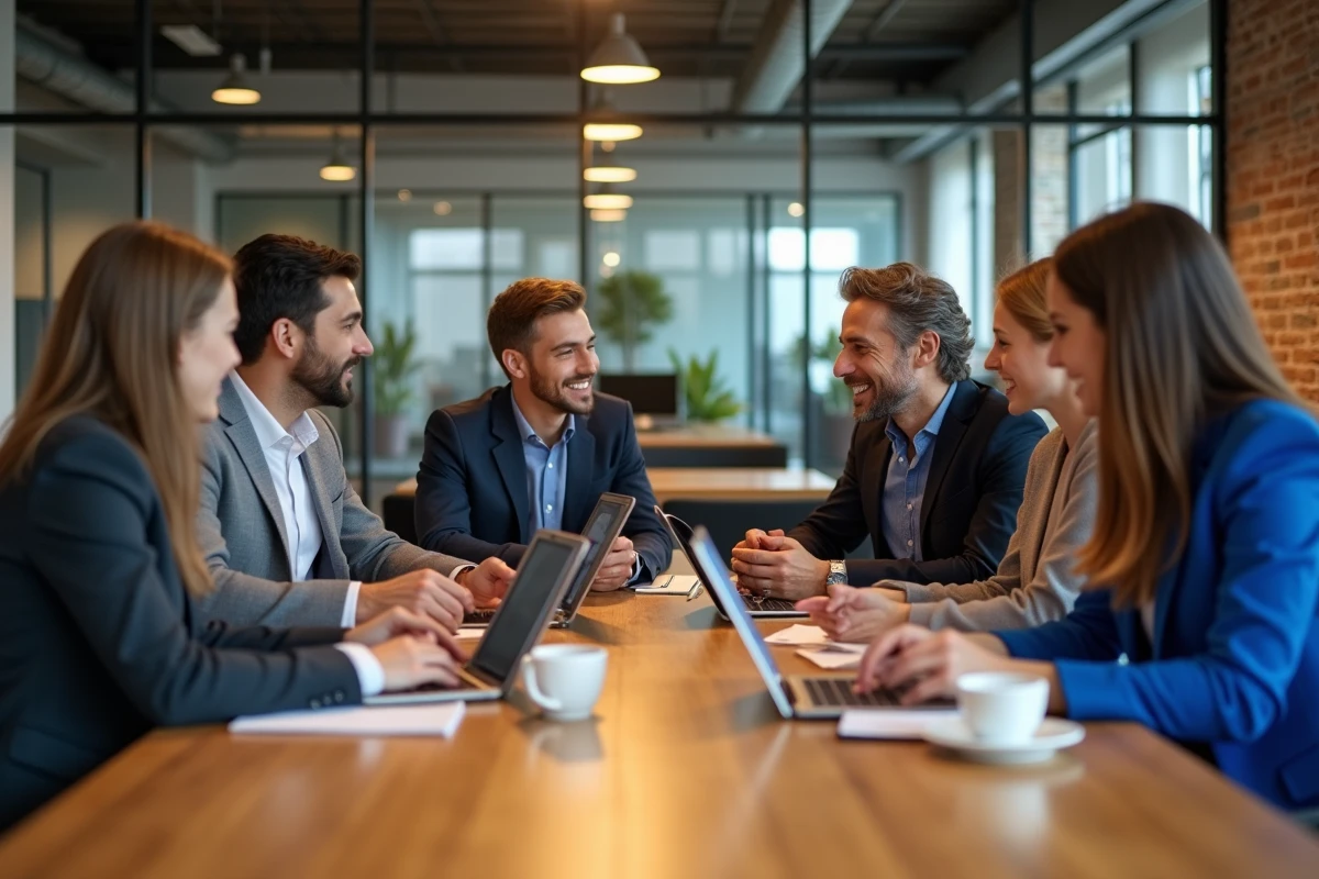 Groupe de professionnels en réunion dans un espace de travail ouvert