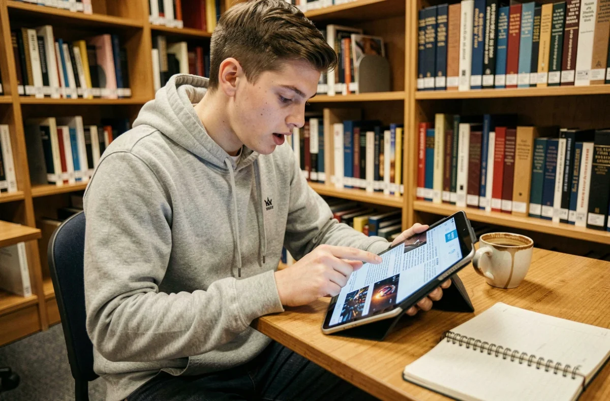 Étudiant consultant les dernières actualités du monde de l'éducation sur une tablette numérique dans une bibliothèque universitaire