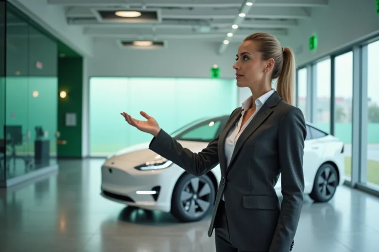 Femme d'affaires présentant une voiture électrique dans un showroom moderne, tendances innovation business électrique