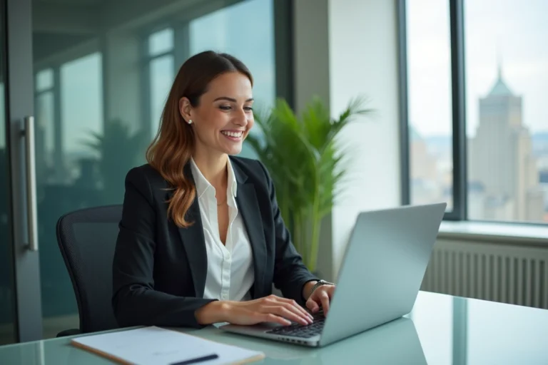 Femme d'affaires confiante travaillant sur un ordinateur moderne
