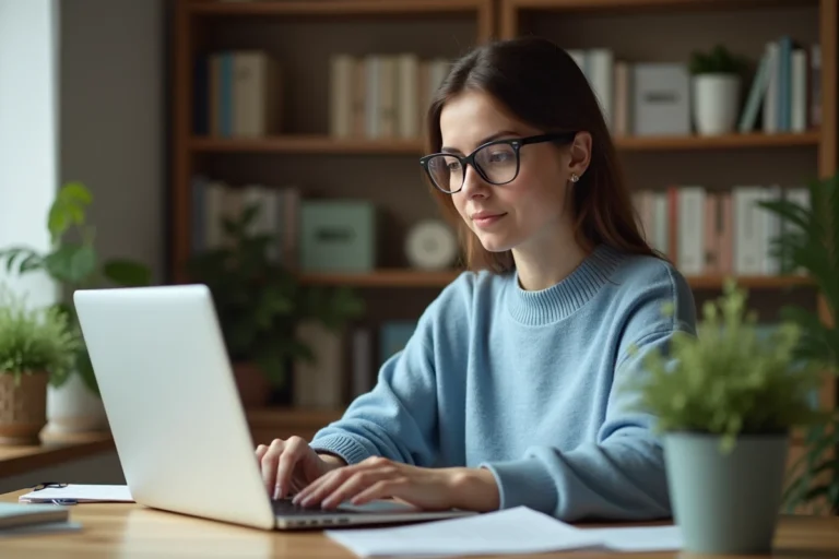 Femme concentrée sur son ordinateur dans un cadre cosy