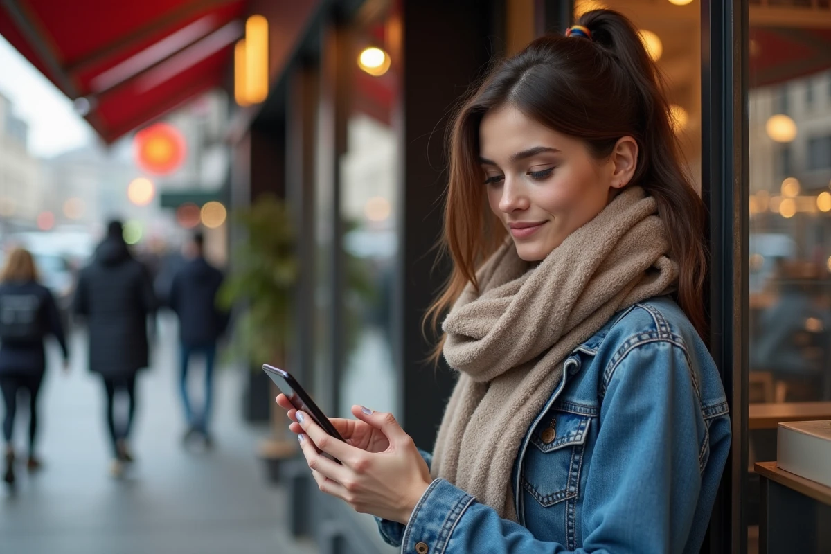 Jeune femme dehors vérifiant son smartphone devant un café