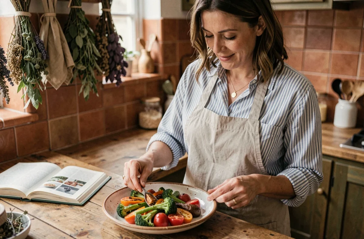 Femme en tablier de lin dressant une assiette de légumes rôtis colorés dans une cuisine rustique aux comptoirs en chêne et carreaux de terre cuite