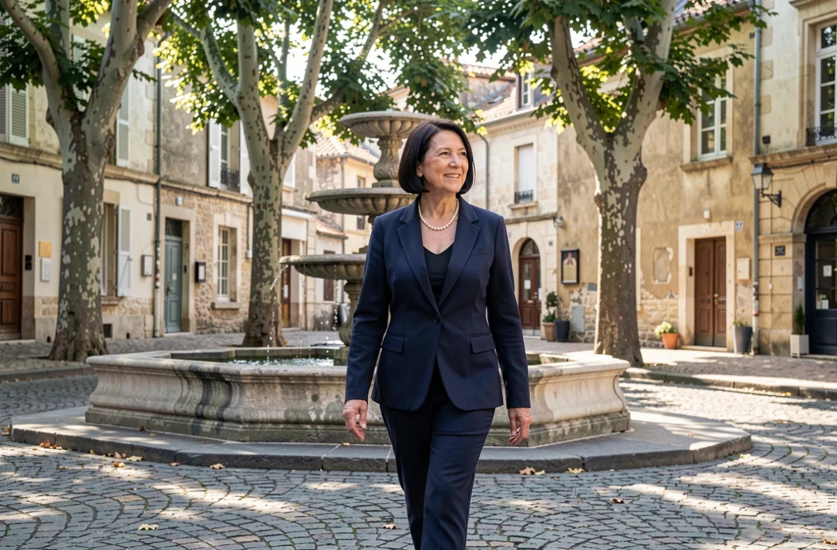 Femme française âgée et distinguée se promenant dans un village provençal ensoleillé avec une fontaine en pierre