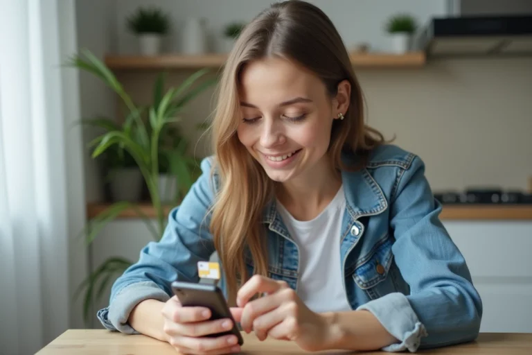 Jeune femme insérant une carte SIM dans son smartphone dans une cuisine lumineuse