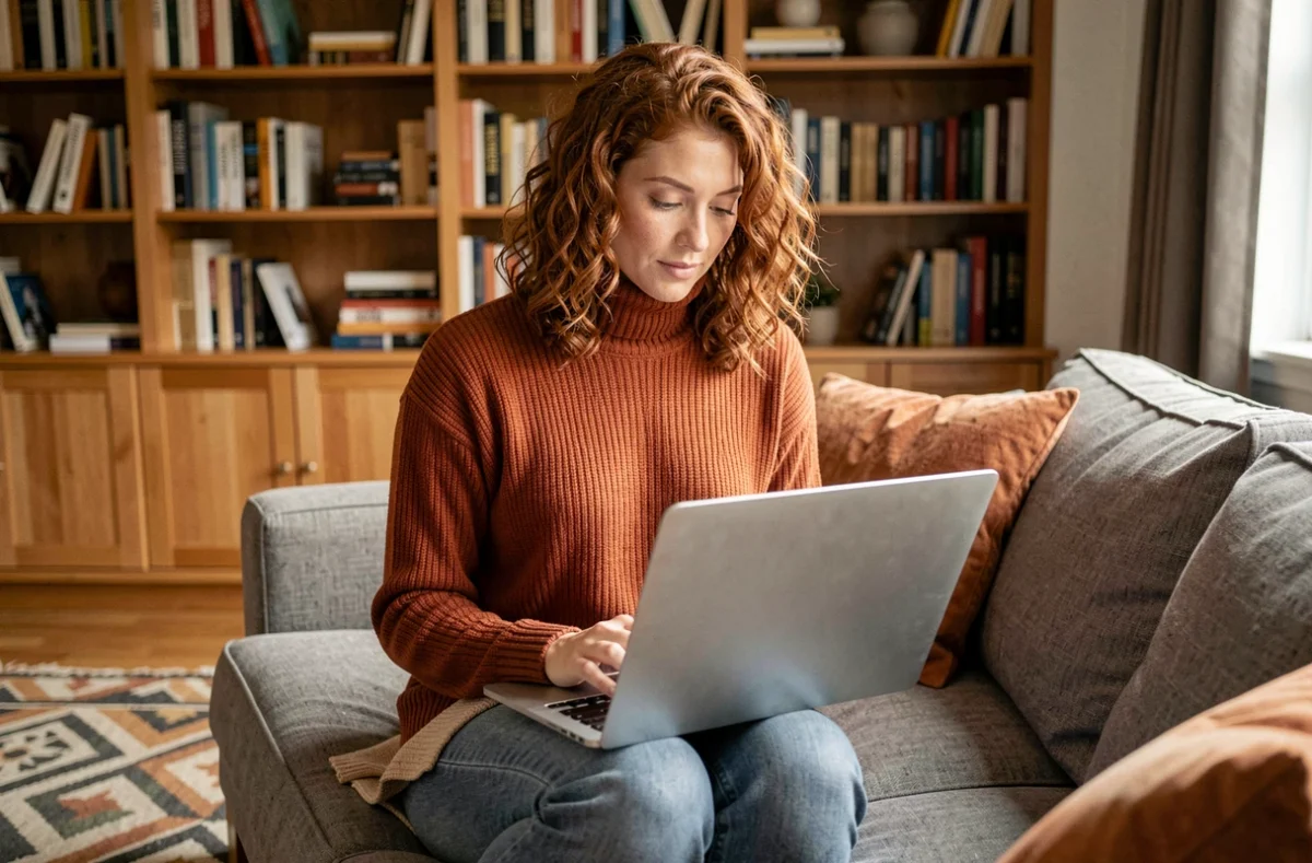 Jeune femme aux cheveux bouclés lisant un article tech sur un laptop dans un salon cosy aux tons chaleureux