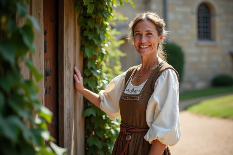 Femme médiévale souriante accueillant visiteurs à Puy du Fou
