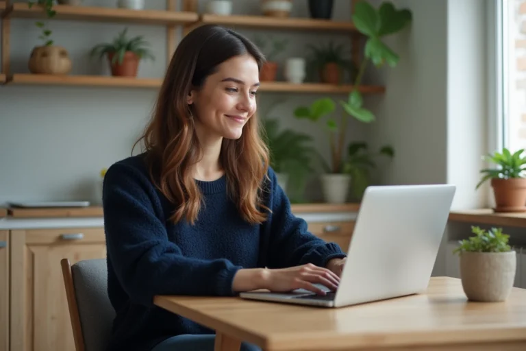 Femme souriante utilisant son ordinateur pour accéder à SibluConnect