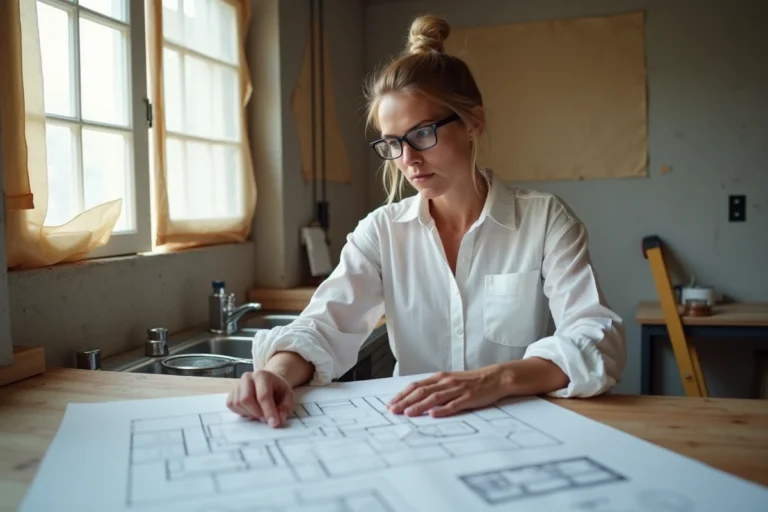 Femme architecte examinant des plans de rénovation dans une cuisine en travaux avec outils et matériaux visibles