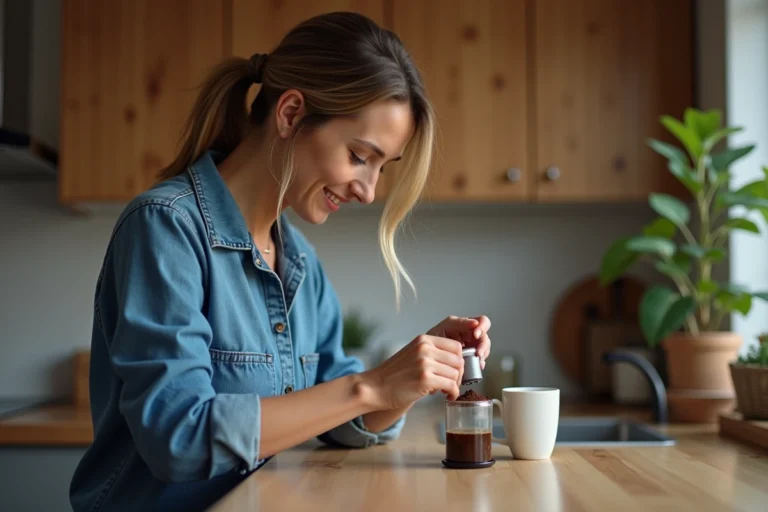 Femme versant du café moulu dans une capsule réutilisable à la cuisine