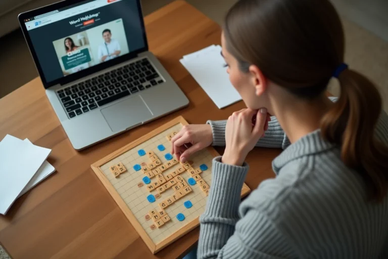 Femme adulte utilisant un outil en ligne comme Clicmouse pour optimiser ses mots au Scrabble sur un plateau en bois