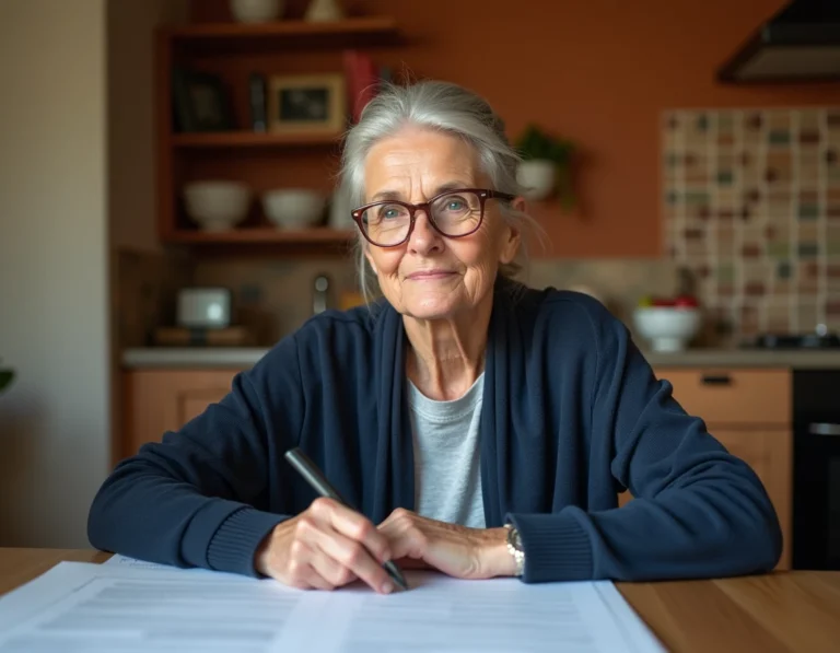 Femme senior consultant des documents administratifs pour le renouvellement de sa carte senior à domicile