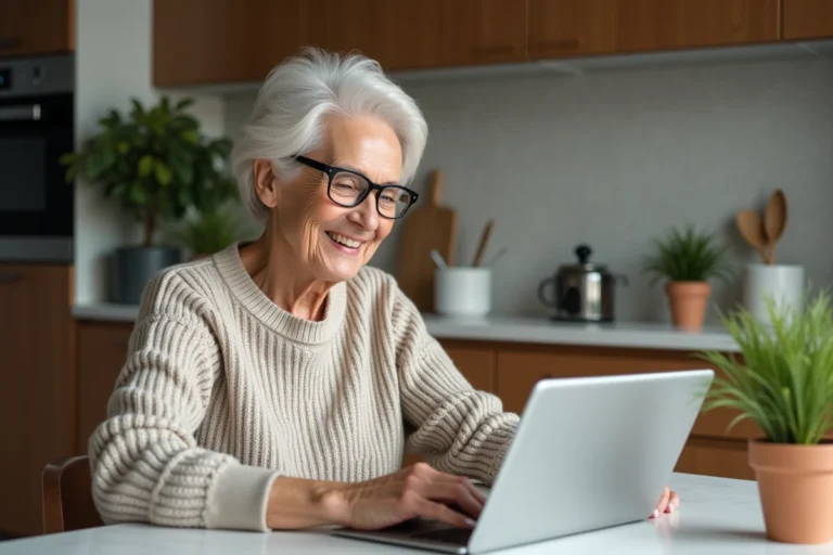 Femme senior souriante utilisant une tablette à la maison