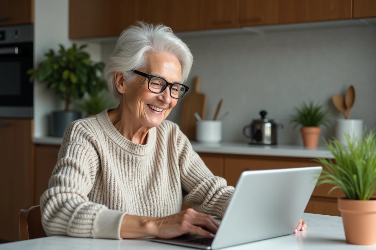 Femme senior souriante utilisant une tablette à la maison