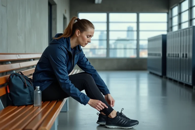 Femme sportive attachant ses lacets dans le hall d'une salle de sport moderne avec équipements de sport