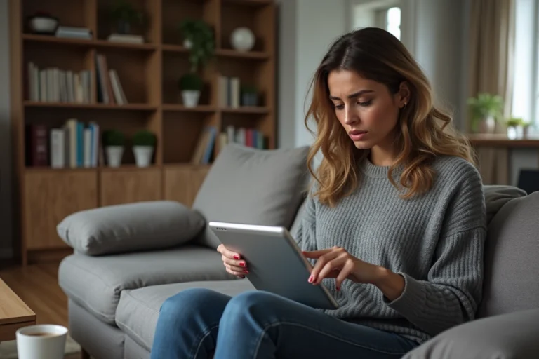 Femme dans son salon regarde sa tablette avec souci