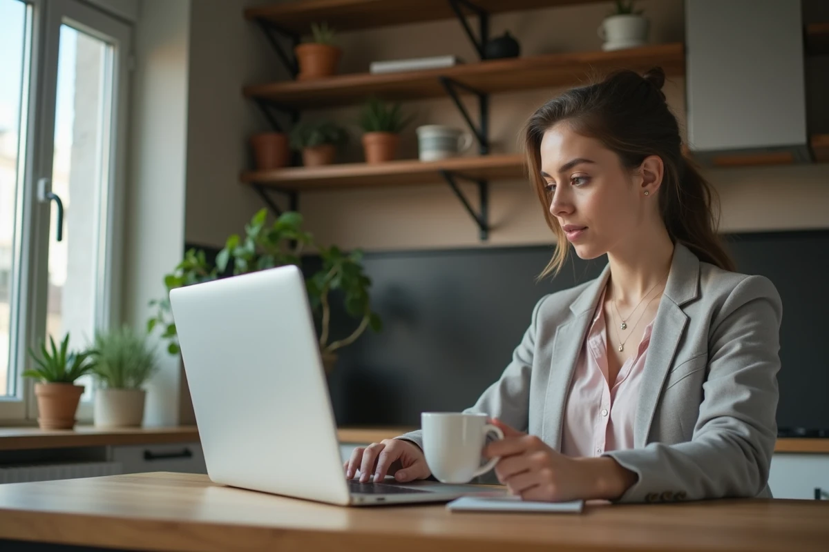 Jeune femme concentrée travaillant à domicile avec ordinateur