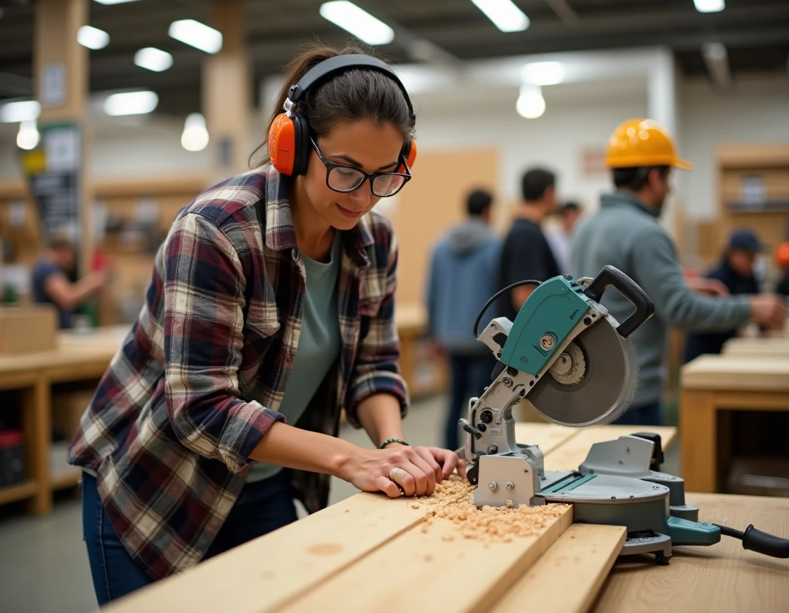Une femme utilise une scie radiale coulissante pour couper une planche en bois dans un espace de démonstration de magasin de bricolage