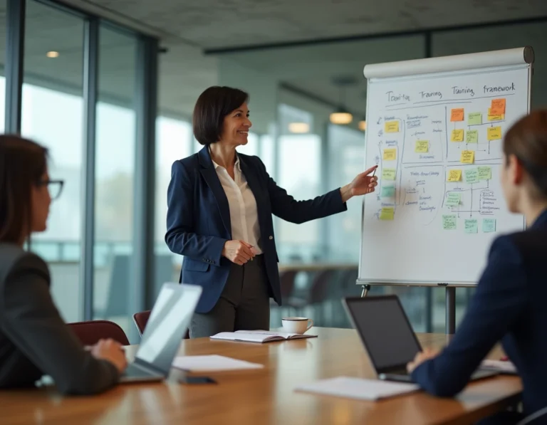 Formatrice professionnelle animant une session de formation en entreprise devant un groupe de collaborateurs attentifs dans une salle de réunion moderne