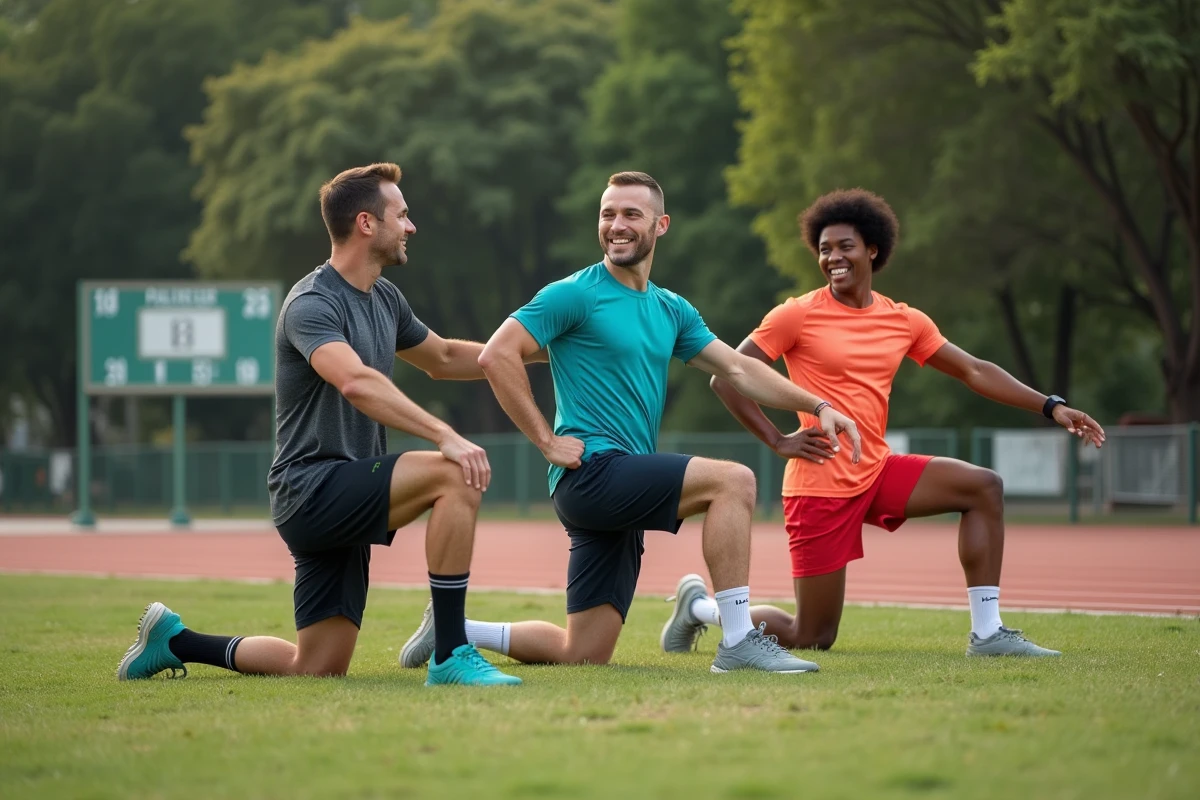 Groupe d'amis en tenue de sport s'étirant dans un parc sportif après un entraînement en plein air