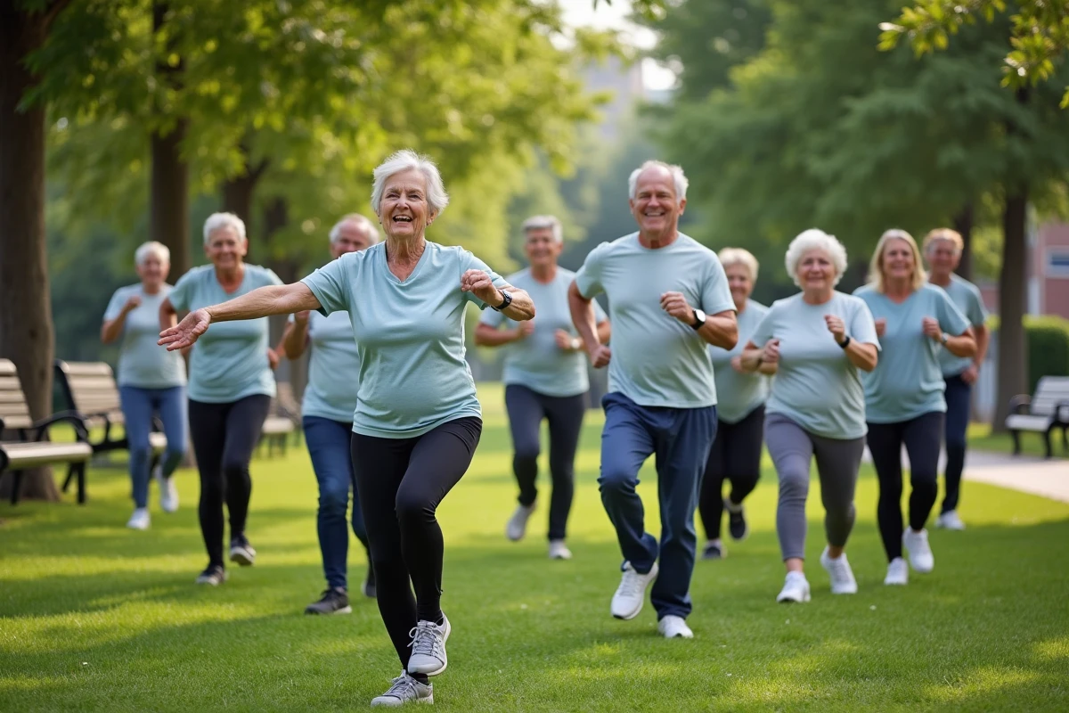 Groupe de seniors faisant du sport dans un parc