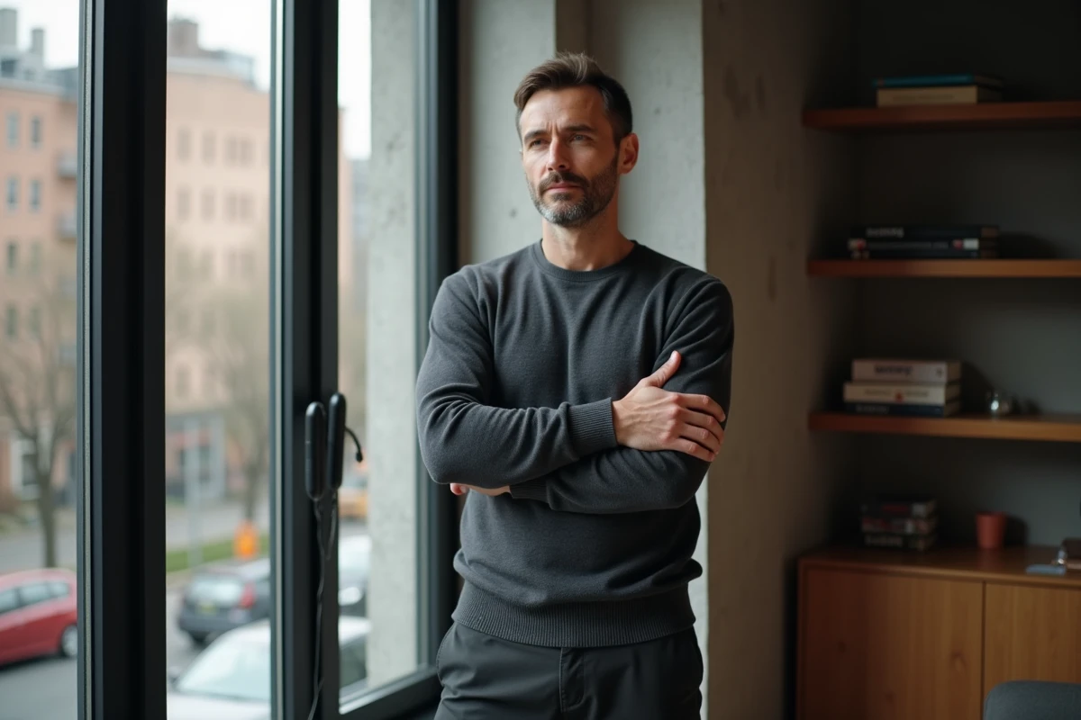 Discreet man standing near a window in a modern apartment looking into the distance