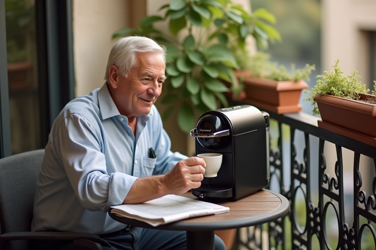 Homme âgé insérant une capsule dans une machine à café sur un balcon ensoleillé