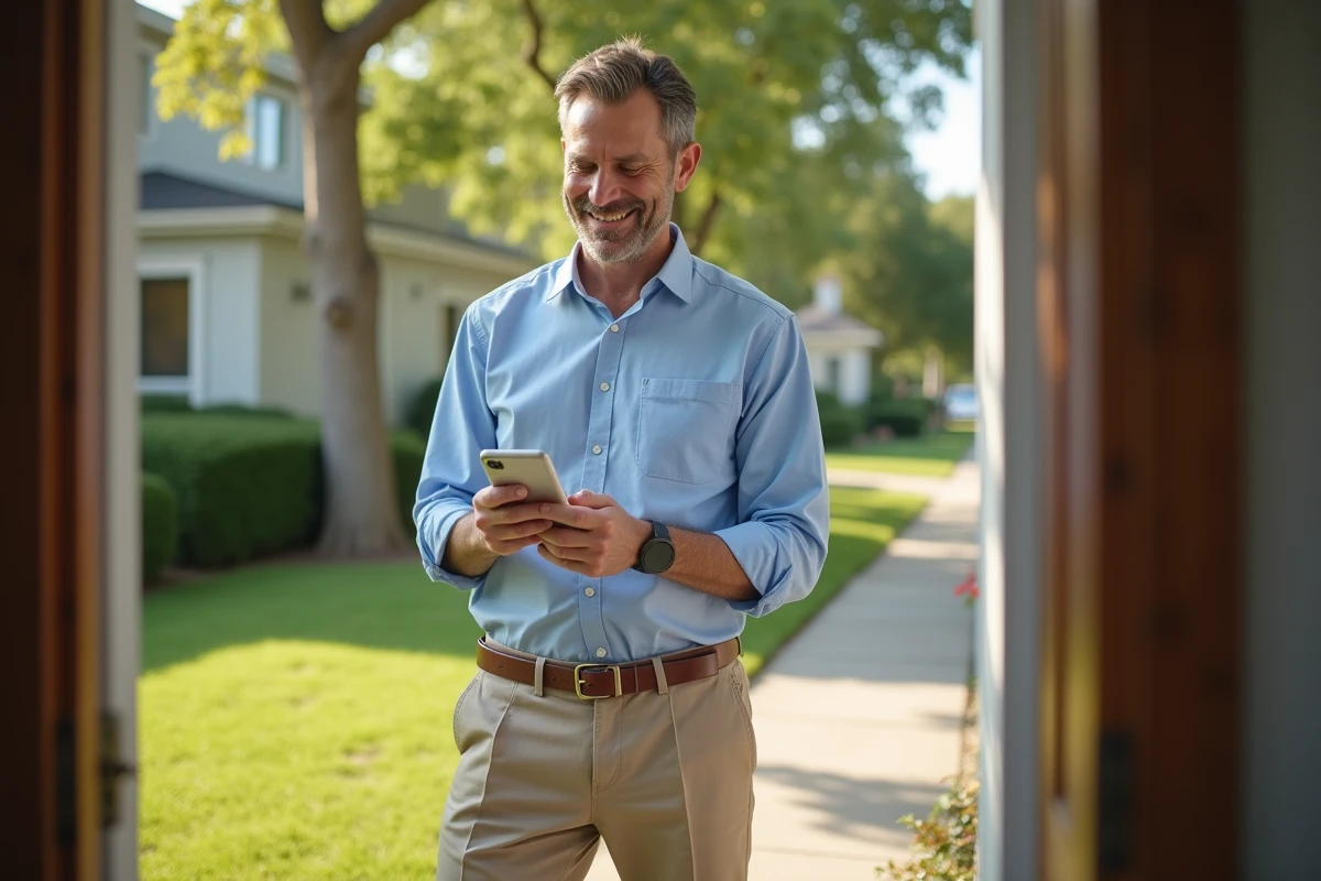 Homme vérifiant une carte sur son smartphone devant sa maison